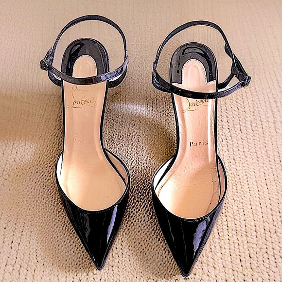 CHRISTIAN LOUBOUTIN JENLOVE ANKLE STRAP POINTED TOE PUMPS BLACK PATENT - Picture 1 of 11